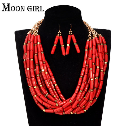 2 color African beads long necklace 2016 indian fashion Nigeria wedding jewelry set statement choker Necklace earrings set women