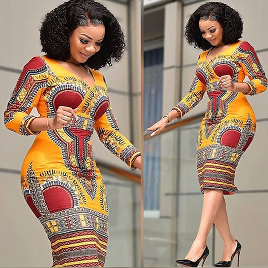 2021 African Style Floral Print Retro Dress Women Elegant Fashion Plus Size Midi Dress Long Sleeves Vestidos Artisanal Crochet