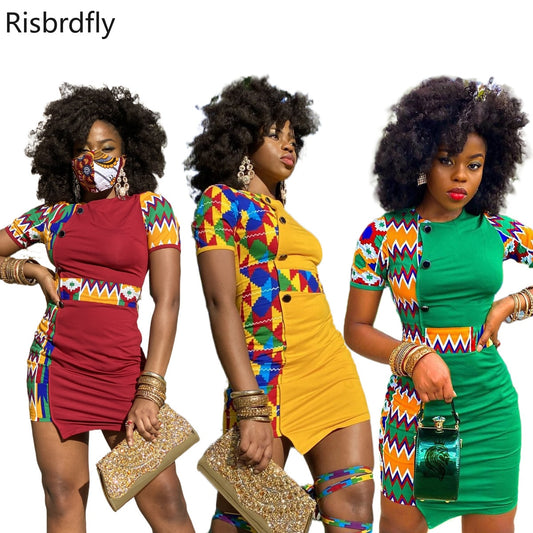 2021 Summer Sexy African Women Printing Polyester O-neck Mini Dress African Dresses for Women African Clothes European Clothing