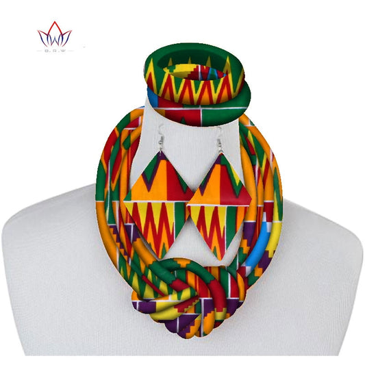 2021 New Trend African Necklace Print Wax Ankara Fabric Set Side Knot Necklace,Bracelet and Earrings 3 Pieces SP083